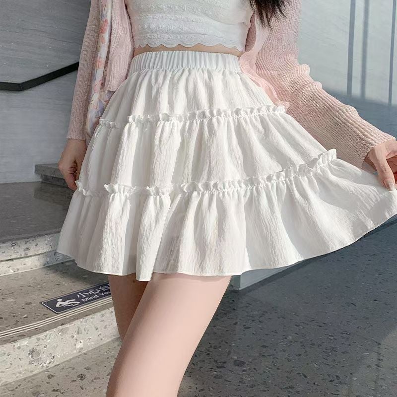 Summer Cake High-Waisted Slimming Fluffy Short Skirt White Petite Skirt Ruffle Skirt - Image 4
